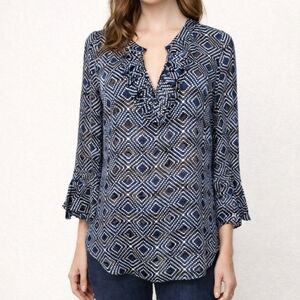 Tory Burch Women's Navy Blue Geometric Print Silk Blend Ruffle Tunic Top Size 8
